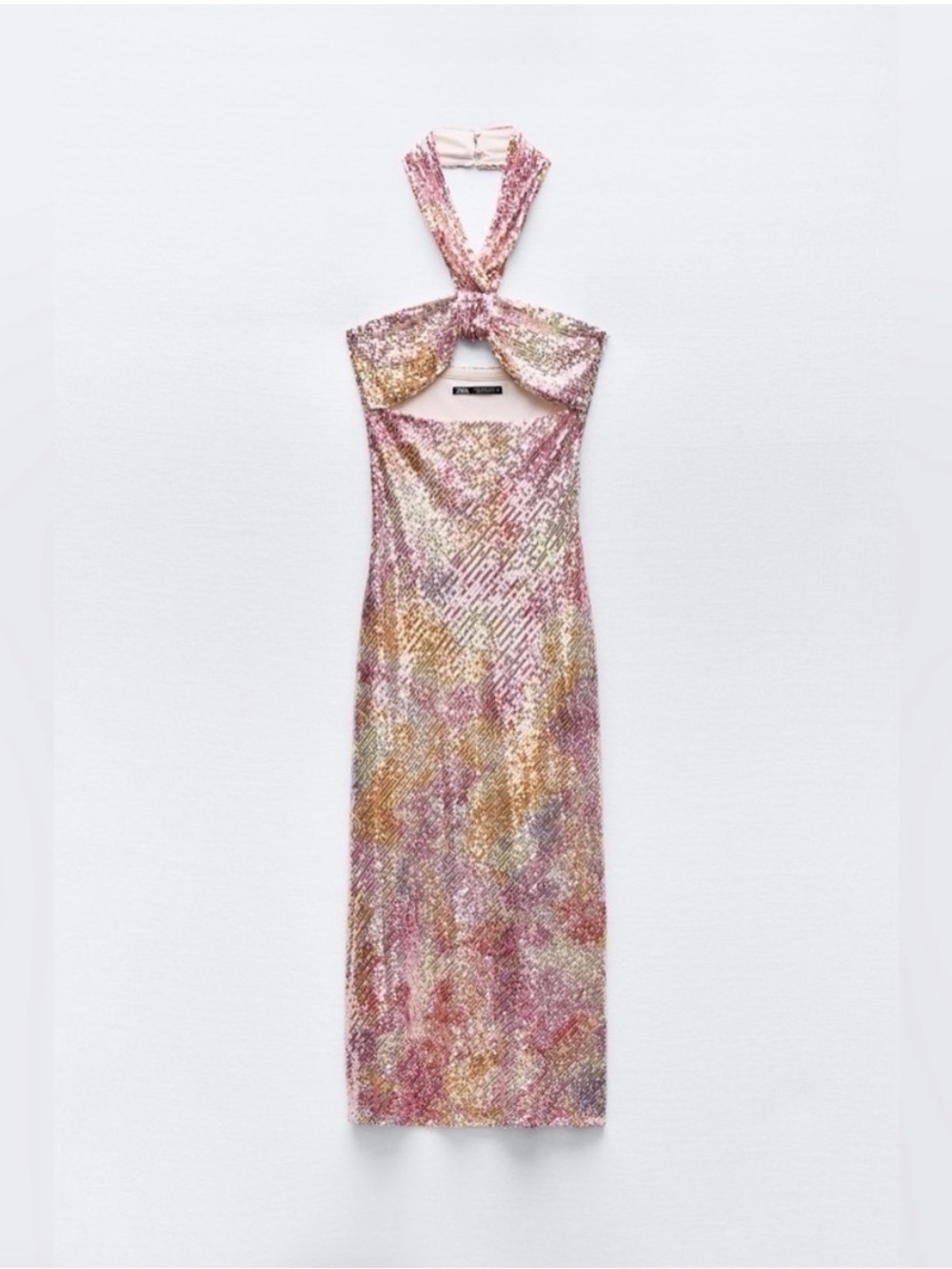 Zara Pink Multi Sequin Strapless Halter Midi Dress